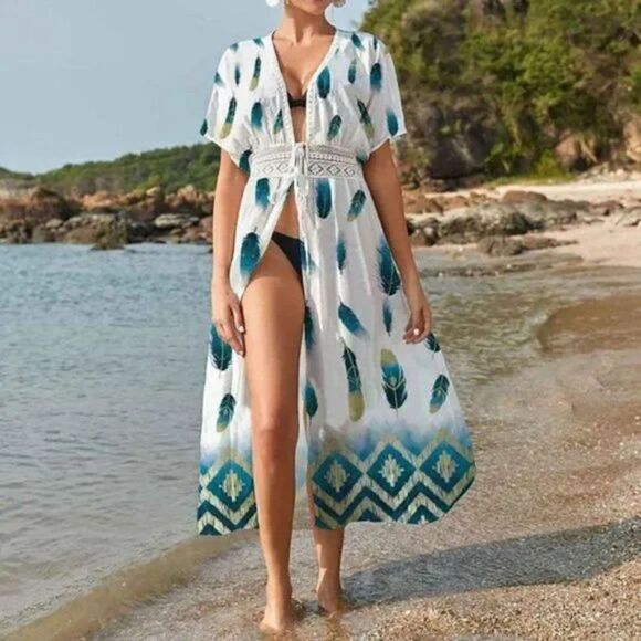 New Long Kimono Cardigan Open Front Cover Up Print B - Picture 2 of 7